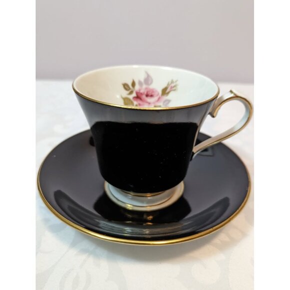 Vintage AYNSLEY Black Rose Teacup & Saucer - Picture 1 of 6